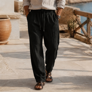 Men's Beach Vacation Loose-Fit Lightweight Linen Trousers - Black