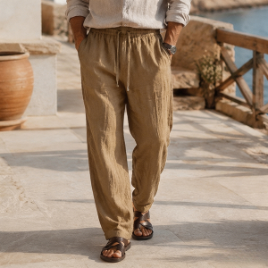 Men's Beach Vacation Loose-Fit Lightweight Linen Trousers - Khaki