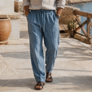 Men's Beach Vacation Loose-Fit Lightweight Linen Trousers - Misty Blue