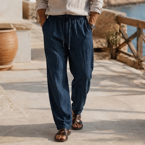 Men's Beach Vacation Loose-Fit Lightweight Linen Trousers - Navy Blue