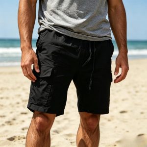 Men's Casual Cotton Drawstring Elastic Waist Shorts - Black