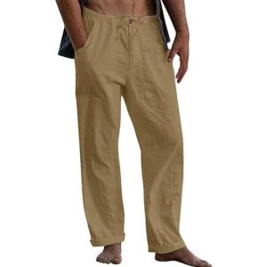 Men's Casual Solid Color Cotton Linen Pants - Brown