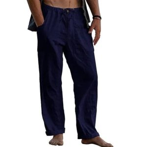 Men's Casual Solid Color Cotton Linen Pants - Dark Blue