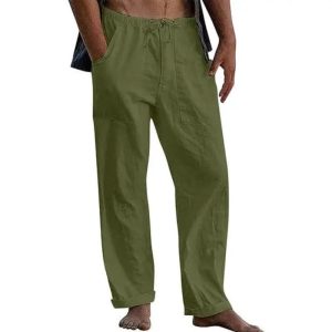 Men's Casual Solid Color Cotton Linen Pants - Green