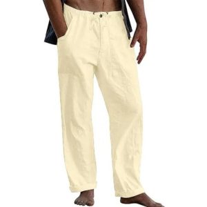 Men's Casual Solid Color Cotton Linen Pants - Khaki