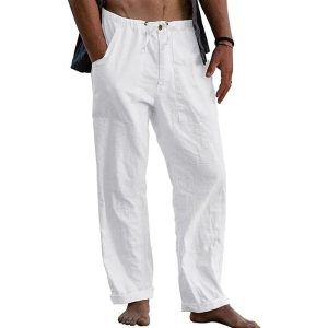 Men's Casual Solid Color Cotton Linen Pants - White