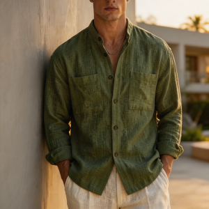 Men's Cotton-linen Casual Long-sleeve Stand-collar Shirt - Army Green