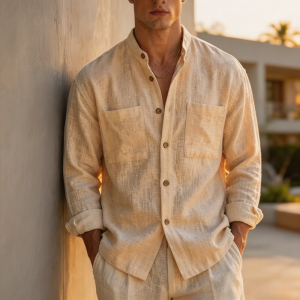 Men's Cotton-linen Casual Long-sleeve Stand-collar Shirt - Beige