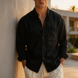 Men's Cotton-linen Casual Long-sleeve Stand-collar Shirt - Black