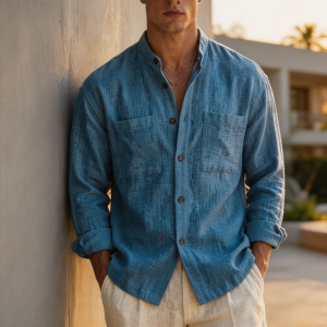 Men's Cotton-linen Casual Long-sleeve Stand-collar Shirt - Fog Blue