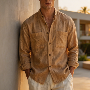 Men's Cotton-linen Casual Long-sleeve Stand-collar Shirt - Khaki