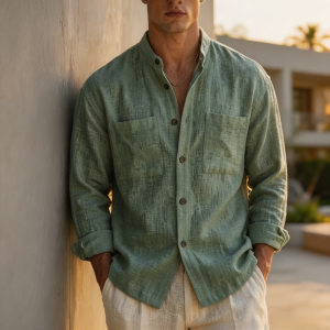 Men's Cotton-linen Casual Long-sleeve Stand-collar Shirt - Sage Green