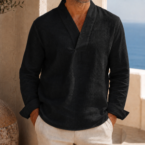Men’s Cotton Linen V-Neck Long Sleeve Shirt - Black