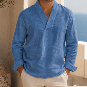 Men’s Cotton Linen V-Neck Long Sleeve Shirt - Denim Blue