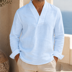 Men’s Cotton Linen V-Neck Long Sleeve Shirt - Light Blue