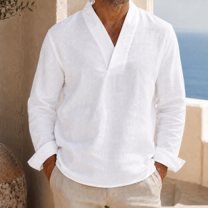 Men’s Cotton Linen V-Neck Long Sleeve Shirt - White