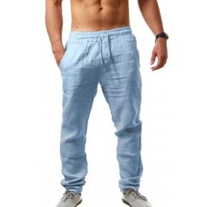 Men's Drawstring Linen Pants - Blue