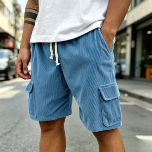 Men's Fashion Retro Outdoor Workwear Pocket Elastic Waist Drawstring Shorts - Blue