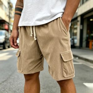 Men's Fashion Retro Outdoor Workwear Pocket Elastic Waist Drawstring Shorts - Khaki