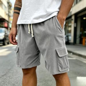 Men's Fashion Retro Outdoor Workwear Pocket Elastic Waist Drawstring Shorts - Gray