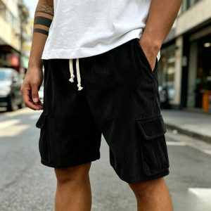 Men's Fashion Retro Outdoor Workwear Pocket Elastic Waist Drawstring Shorts - Black