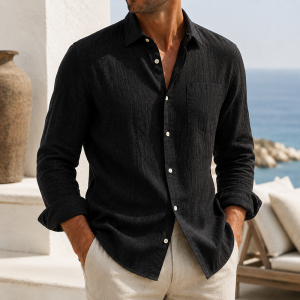 Men’s Lightweight Textured Cotton Linen Long Sleeve Shirt - Black