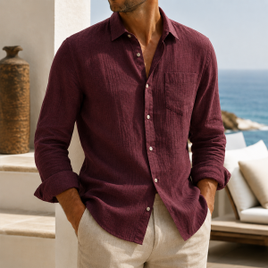 Men’s Lightweight Textured Cotton Linen Long Sleeve Shirt - Burgundy