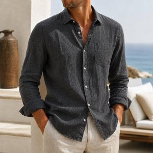 Men’s Lightweight Textured Cotton Linen Long Sleeve Shirt - Dark Gray