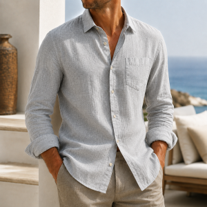 Men’s Lightweight Textured Cotton Linen Long Sleeve Shirt - Light Gray