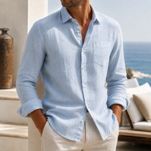 Men’s Lightweight Textured Cotton Linen Long Sleeve Shirt - Mist Blue