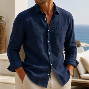 Men’s Lightweight Textured Cotton Linen Long Sleeve Shirt - Navy