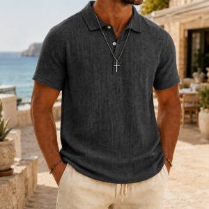 Men's Slub Cotton-Linen Casual Polo Shirt - Charcoal Gray