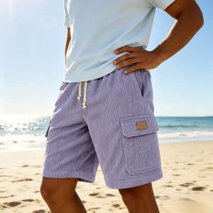Men's Stylish Multi-pocket Cargo Shorts Corduroy Vintage Embroidered Logo Casual Lace-up Loose Shorts - Purple
