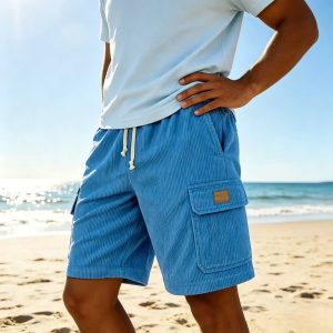 Men's Stylish Multi-pocket Cargo Shorts Corduroy Vintage Embroidered Logo Casual Lace-up Loose Shorts - Blue