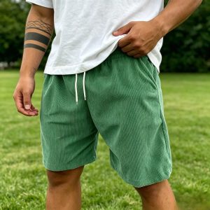 Men's Stylish Multi-pocket Vintage Corduroy Simple Embroidered Logo Casual Loose Shorts - Green