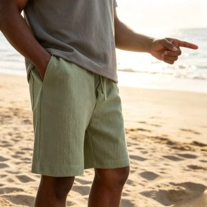 Men's Texture Crinkled Daily Casual Shorts Drawstring Elastic Waist Shorts - Army