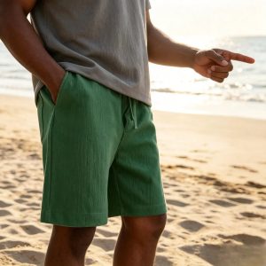 Men's Texture Crinkled Daily Casual Shorts Drawstring Elastic Waist Shorts - Green