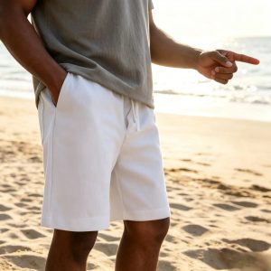 Men's Texture Crinkled Daily Casual Shorts Drawstring Elastic Waist Shorts - White