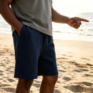 Men's Texture Crinkled Daily Casual Shorts Drawstring Elastic Waist Shorts - Navy