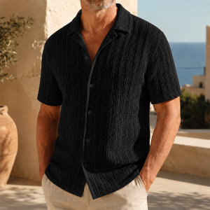 Men’s Textured Knit Short Sleeve Button-Up Shirt - Black