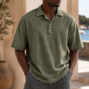 Men’s Vintage Washed Cotton Linen Oversized Polo Shirt - Army Green