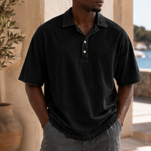 Men’s Vintage Washed Cotton Linen Oversized Polo Shirt - Black