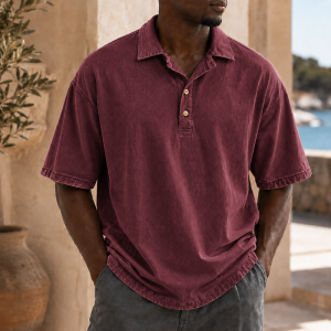 Men’s Vintage Washed Cotton Linen Oversized Polo Shirt - Burgundy