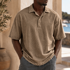 Men’s Vintage Washed Cotton Linen Oversized Polo Shirt - Dark Khaki
