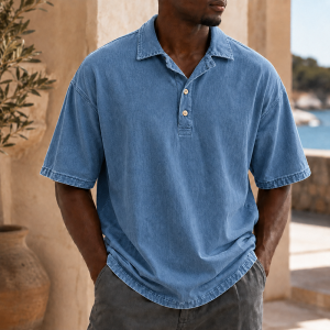 Men’s Vintage Washed Cotton Linen Oversized Polo Shirt - Denim Blue