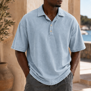 Men’s Vintage Washed Cotton Linen Oversized Polo Shirt - Dusty Blue