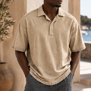 Men’s Vintage Washed Cotton Linen Oversized Polo Shirt - Khaki