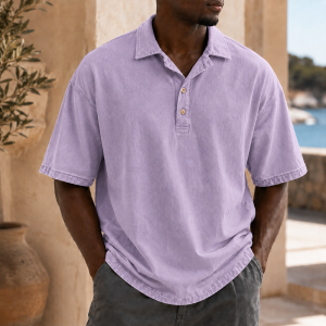 Men’s Vintage Washed Cotton Linen Oversized Polo Shirt - Lavender