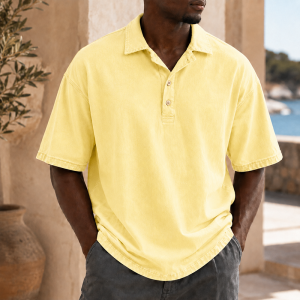 Men’s Vintage Washed Cotton Linen Oversized Polo Shirt - Lemon Yellow
