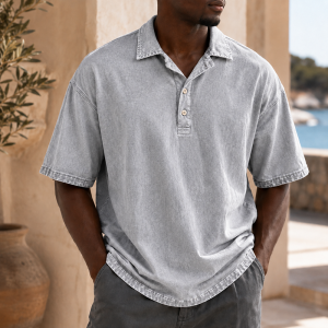 Men’s Vintage Washed Cotton Linen Oversized Polo Shirt - Light Gray